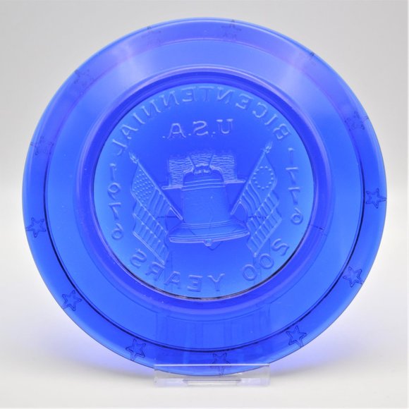 Bicentennial Cobalt Blue Small Glass Saucer Plate Decor w/ Liberty Bell & Flags - Picture 3 of 6